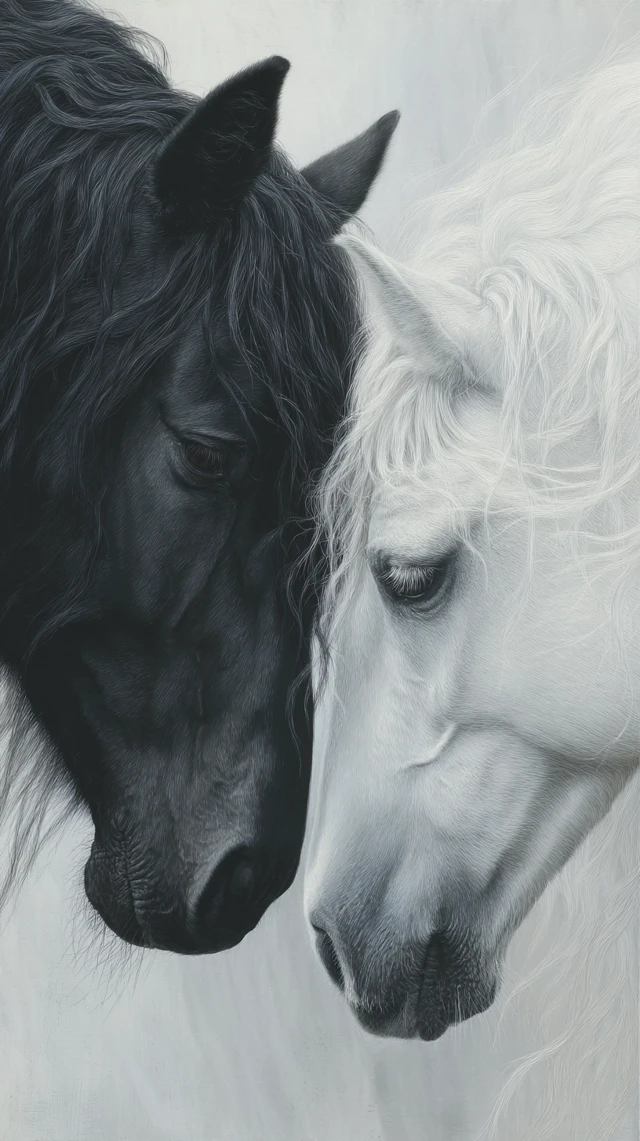 Black and White Horses Portrait: Detailed Art