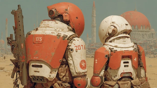 Exoskeleton Warriors in PostApocalyptic Wasteland Art