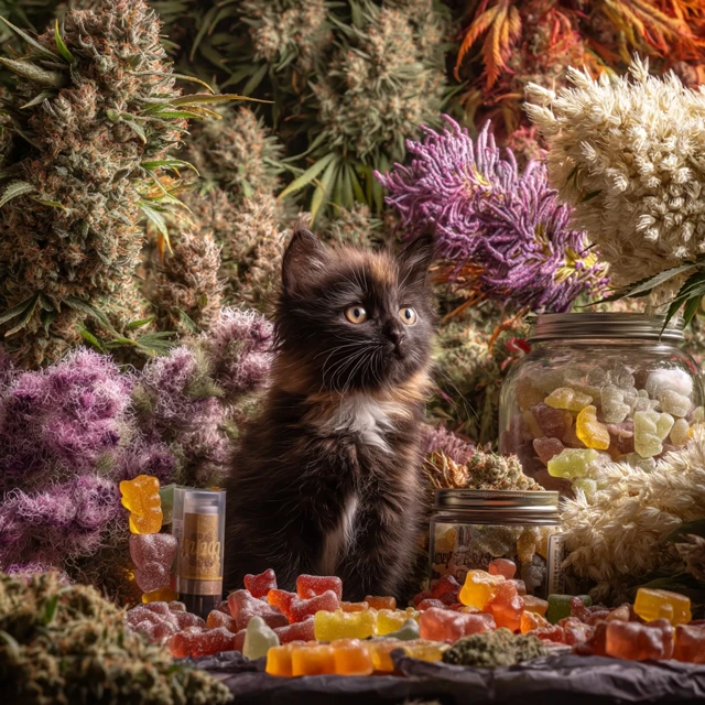 Kitten in a Cannabis Garden with Edibles