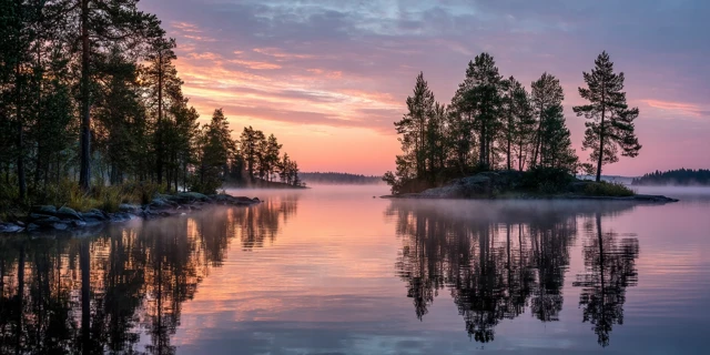 Serene Lake at Dawn Reflecting Pastel Sky