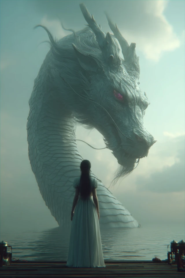 Woman Dragon Pier Surreal Water Scene