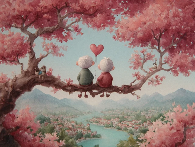 Old Couple in Love Blossoming Tree Scenic View