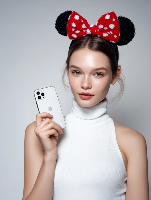 Cute Woman with iPhone Minnie Mouse Headband Studio Photo