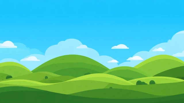 Cartoon Landscape Green Hills and Blue Sky