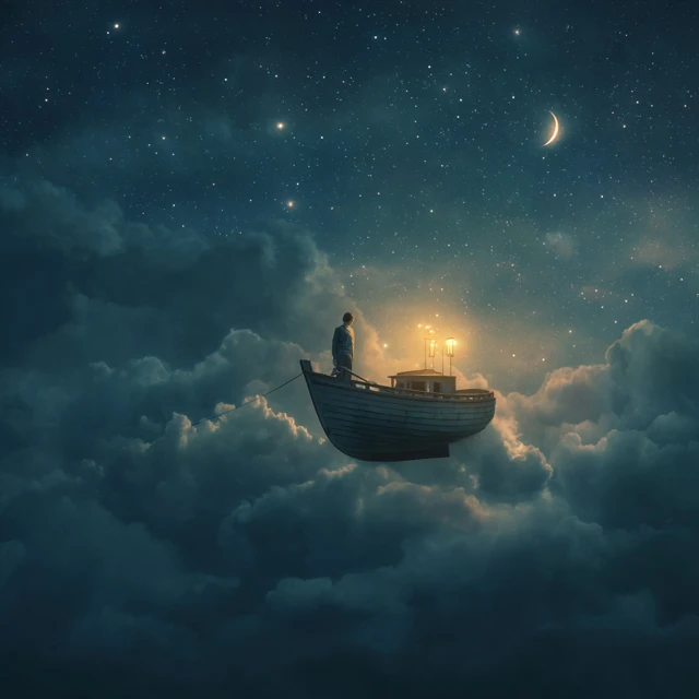 Man Flies in Night Sky on Boat Adventure