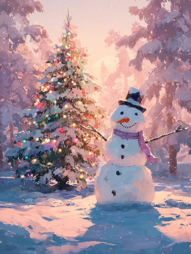 Christmas Snowman and Tree Winter Illustration