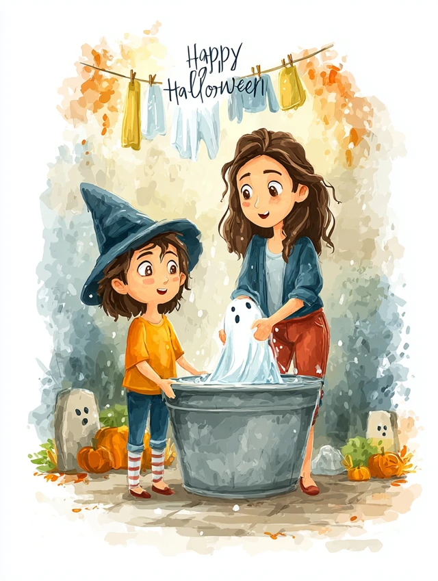 Cute Halloween Witch Washing Ghosts Watercolor