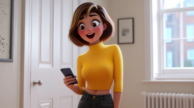 Joyful 3D Cartoon Girl Holding Smartphone