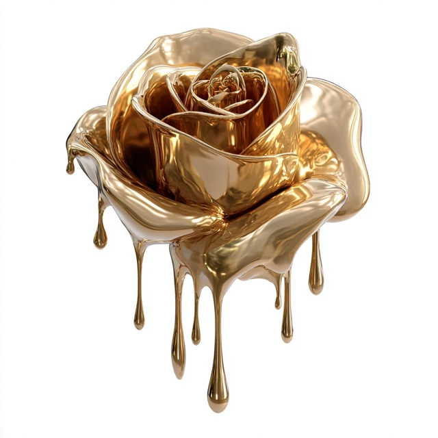 3D Gold Rose Dripping Liquid Metal Art