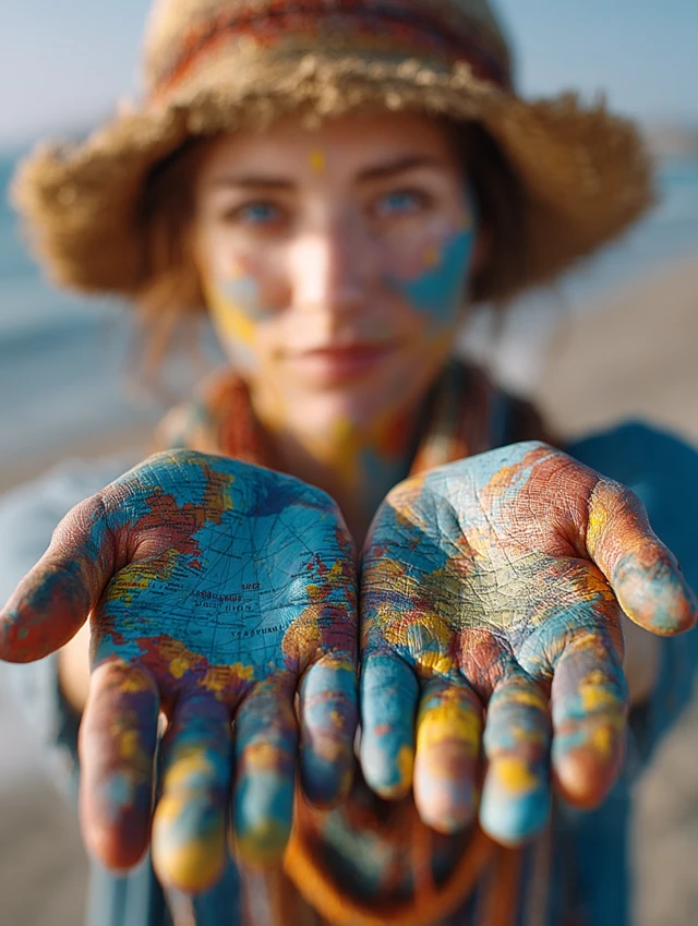 Woman with Painted Hands World Map Beach Photography