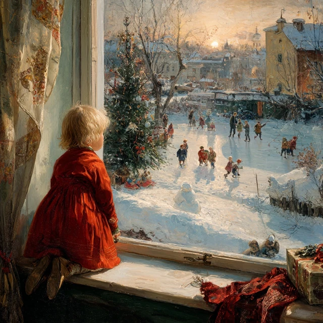 Christmas Scene Child Looking Out Window