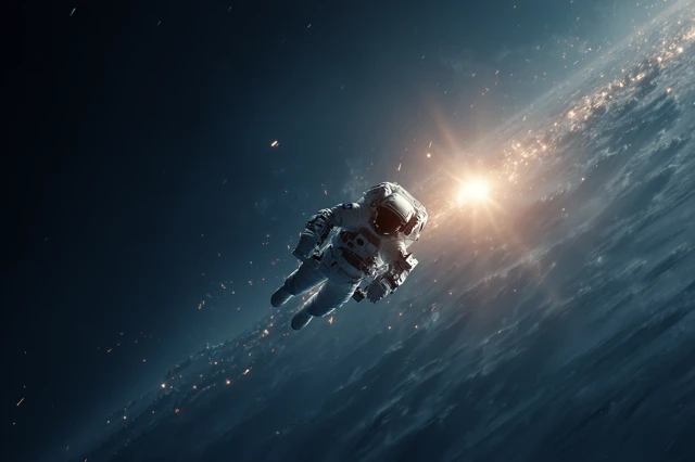 Astronaut and Spaceship in Deep Space