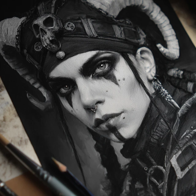 Gorepunk Witch Portrait in Black and White