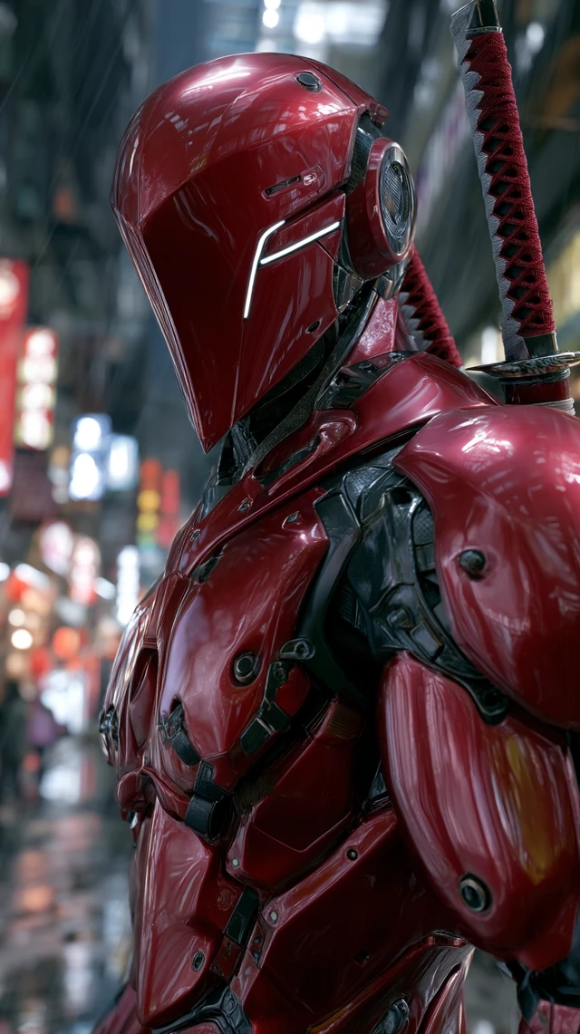 Cyberpunk Ninja Robot in Rain