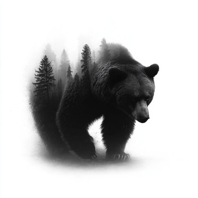 Black Bear Forest Surreal Black and White Art