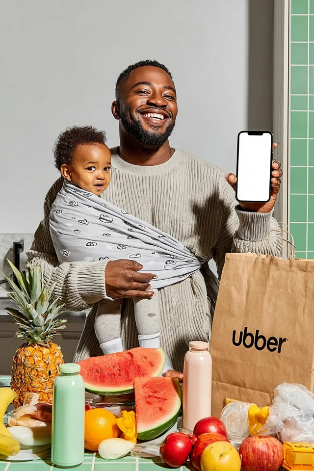 Joyful Dad with Baby Kitchen and iPhone