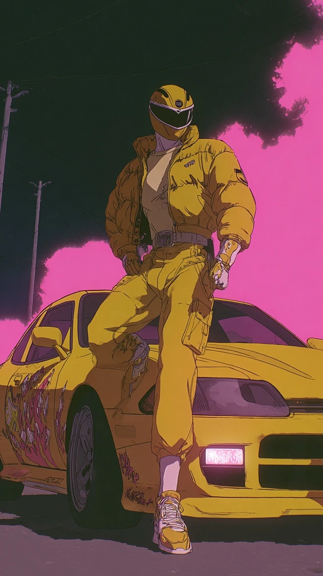 90s Anime Yellow Power Ranger with JDM Car