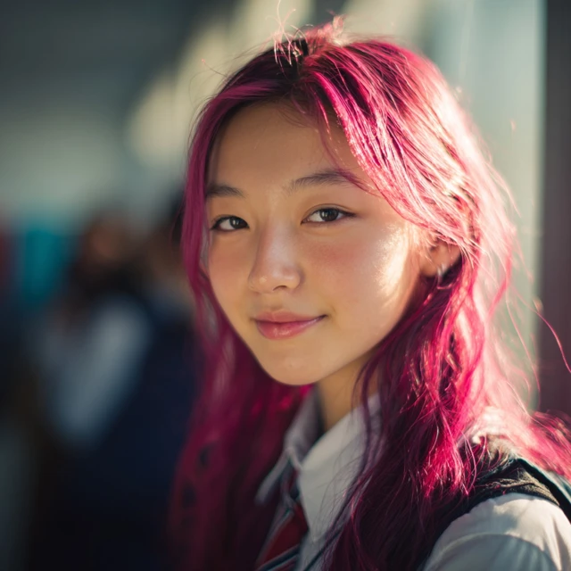 Korean High School Girl Portrait Magenta Hair Smile