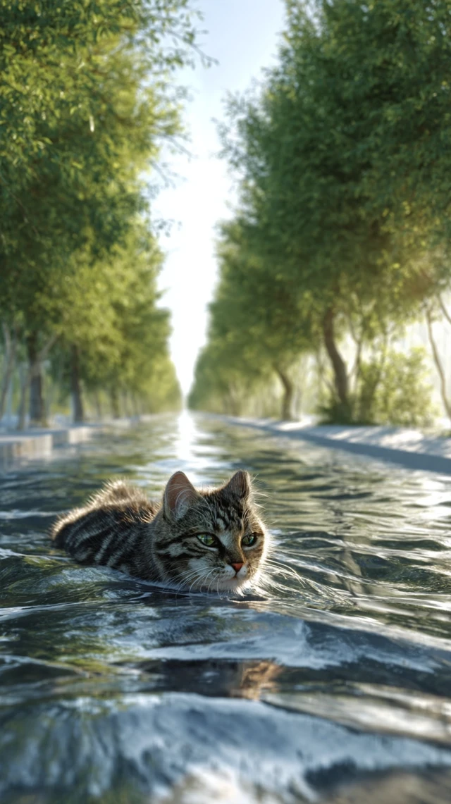 Scared Cat in Flooded Ditch After Rain 3D Render
