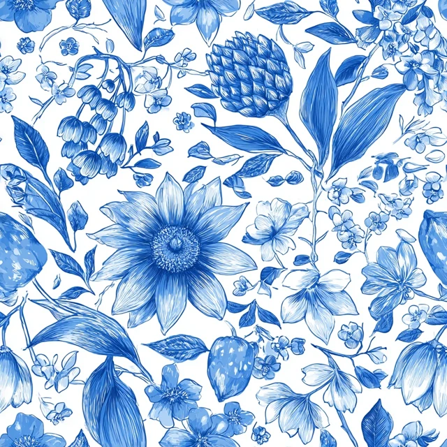 Floral Pattern Blue and White Hand Drawn Illustration