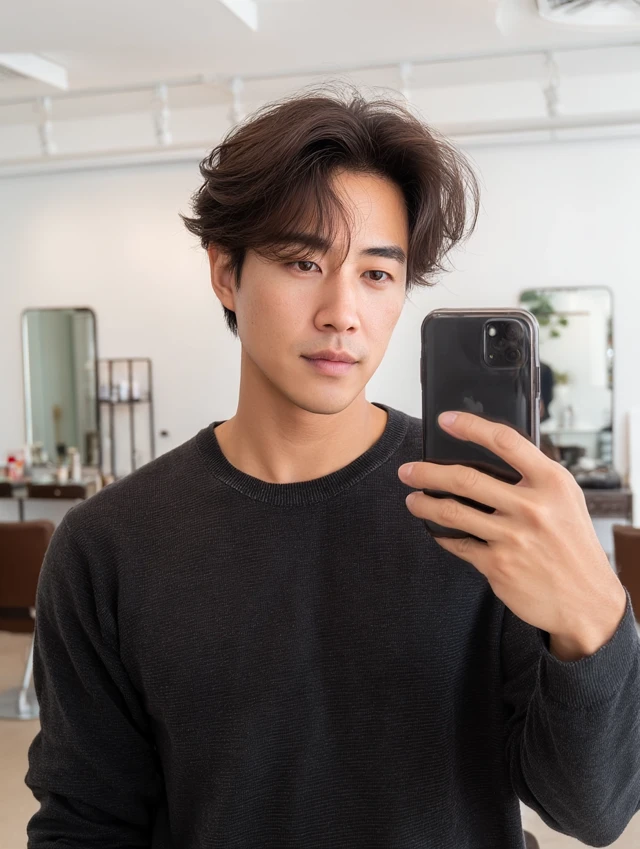 Korean Man Selfie Two Block Hair Salon Look
