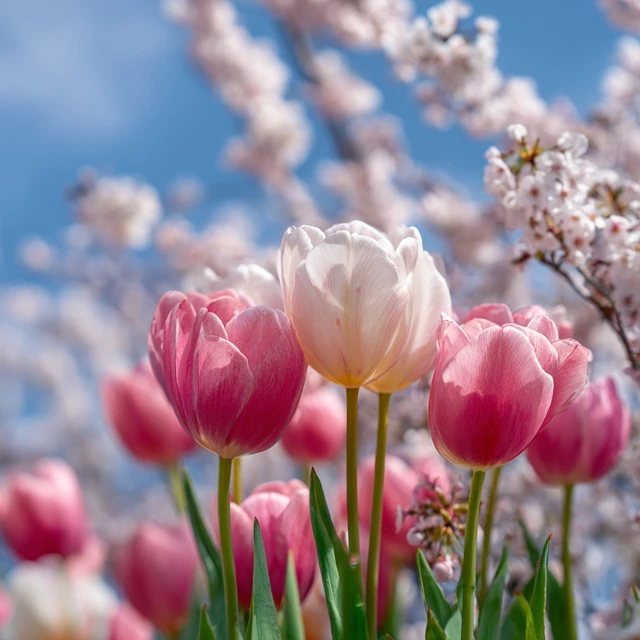 Pink Tulips and Cherry Blossoms in Bloom