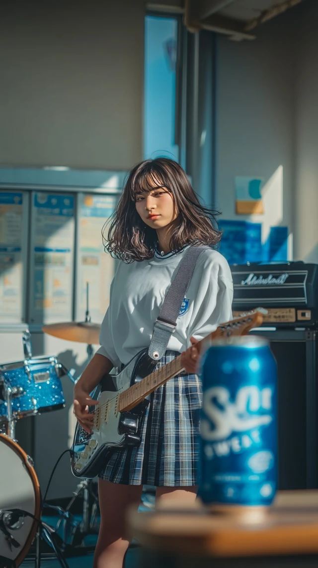 Japanese High School Girl Playing Electric Guitar