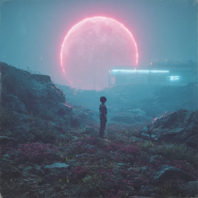 Dreamy Space Scene A Lonely Person in Neon Light