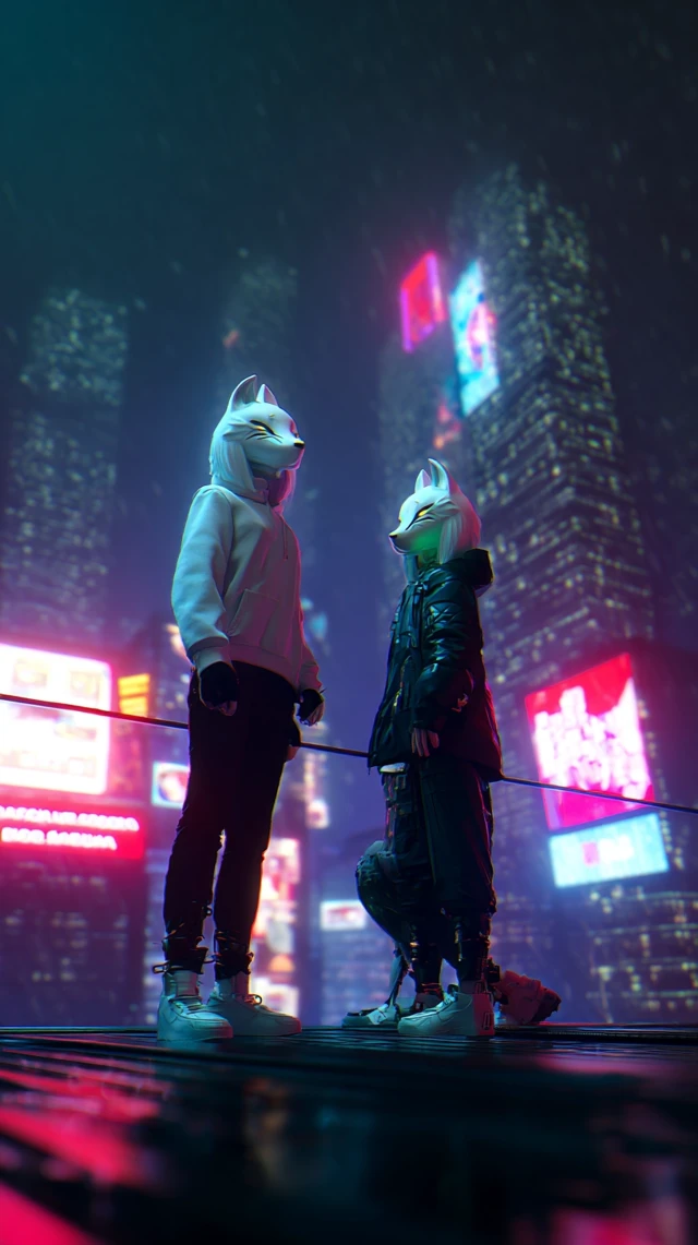 Cyberpunk Girls Fox Masks Rooftop Night City