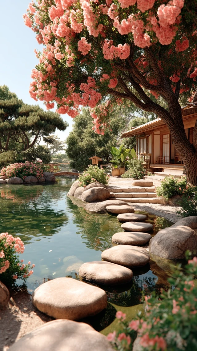 Japanese Garden in Bloom: A Photorealistic Scene