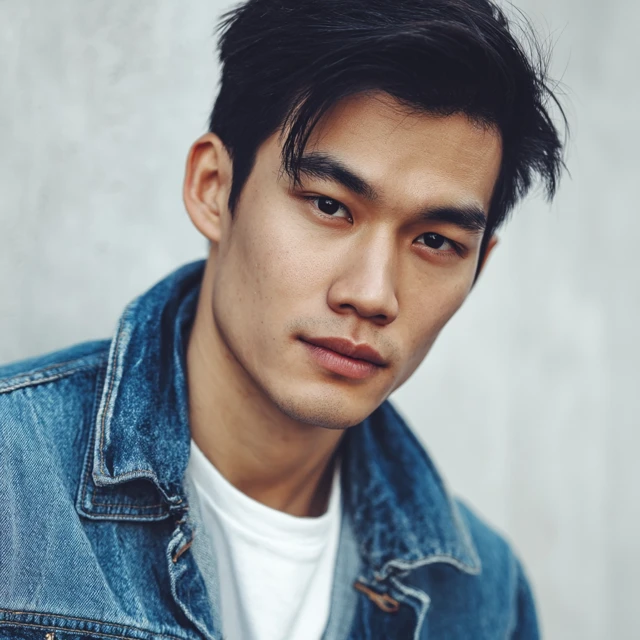 Handsome Asian Male in Denim Jacket Portrait