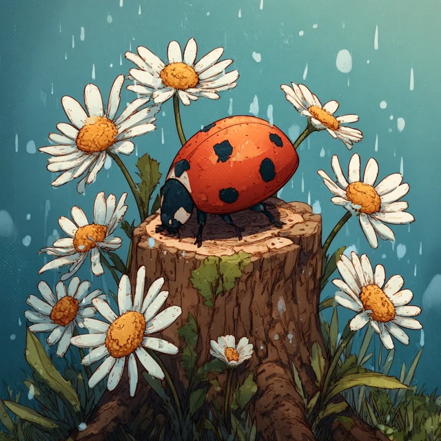 Ladybug on Stump and Daisies Cartoon Art