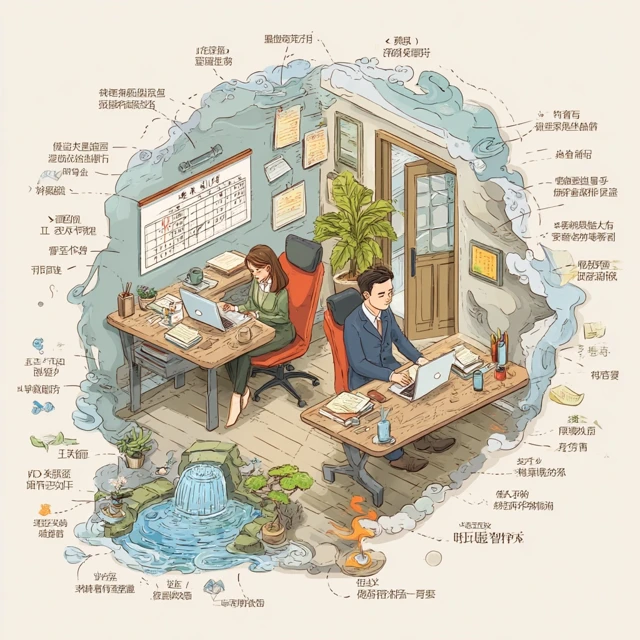 Feng Shui Office Cartoon Illustration for Productivity
