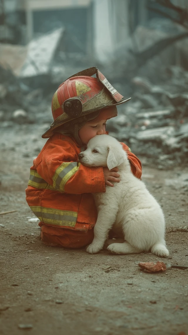Firefighter Kid Hugs Puppy