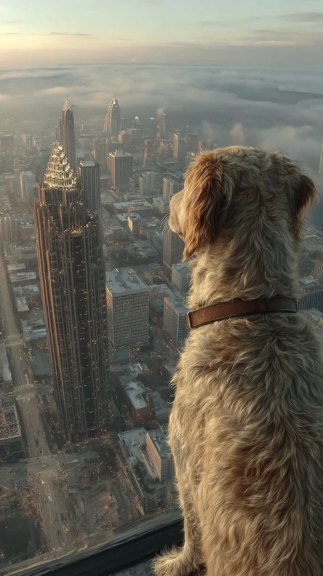 Golden Retriever Overlooks Modern City at Dawn