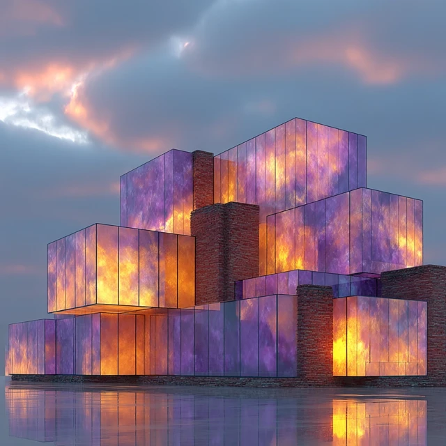 Voxel Architecture: Red Brick Cubes and Translucent Glass
