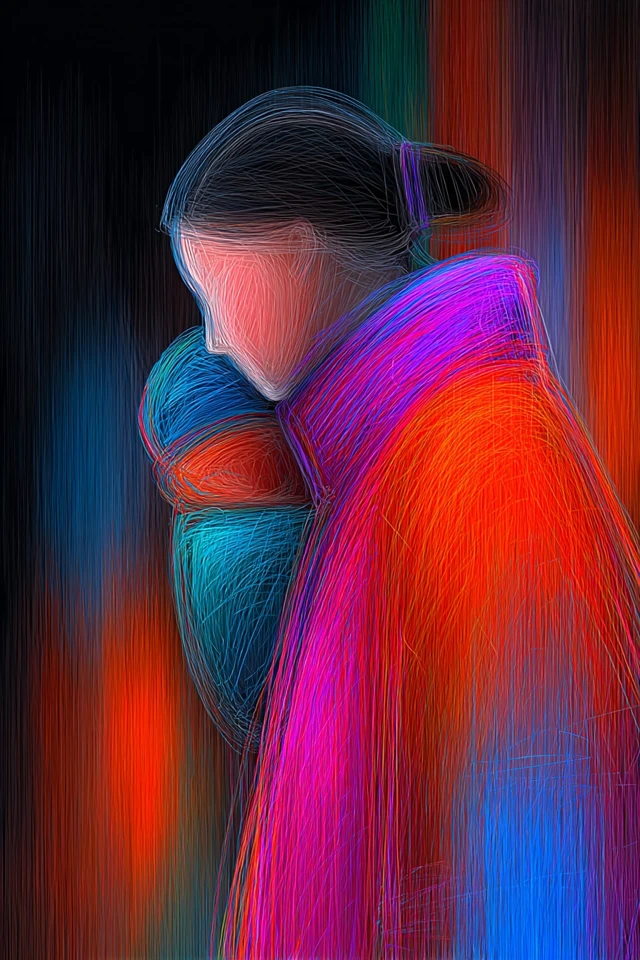 Mother and Baby Portrait Neon Line Art