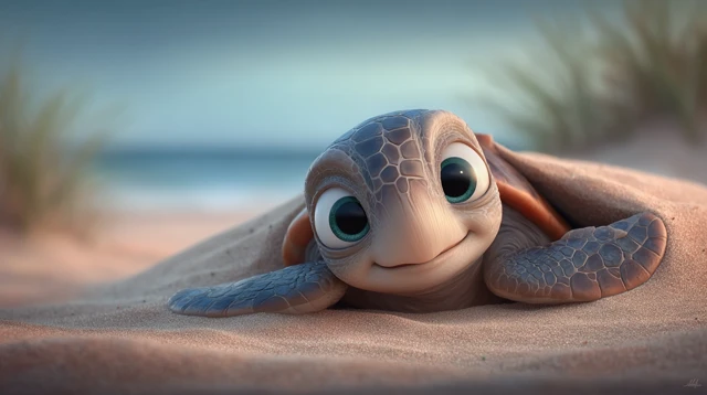 Cute Baby Sea Turtle on the Beach Pixar Style