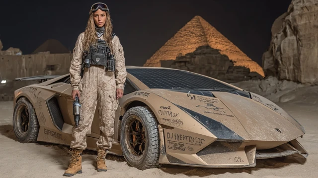 Egyptian Woman and Sports Car Near Pyramids