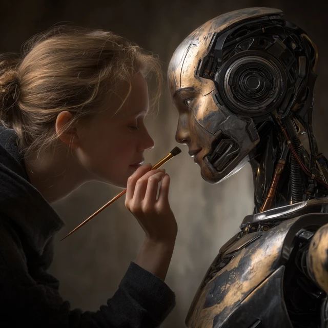 Woman Painting Robot Face Emotional Cinematic Scene