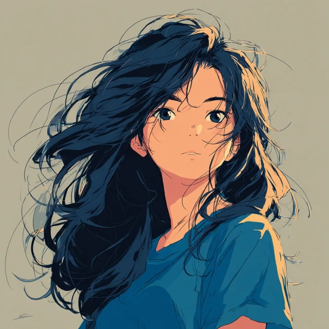 Anime Girl Blue Shirt Long Messy Hair