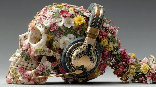Floral Skull Head with Headphones 3D Art
