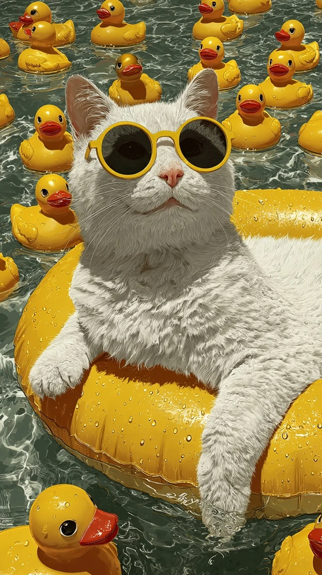 Kawaii Cat in Sunglasses Relaxing in the Pool