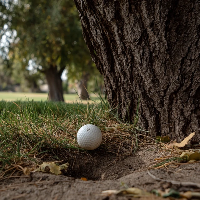 Golf Ball Next to Tree on Golf Course