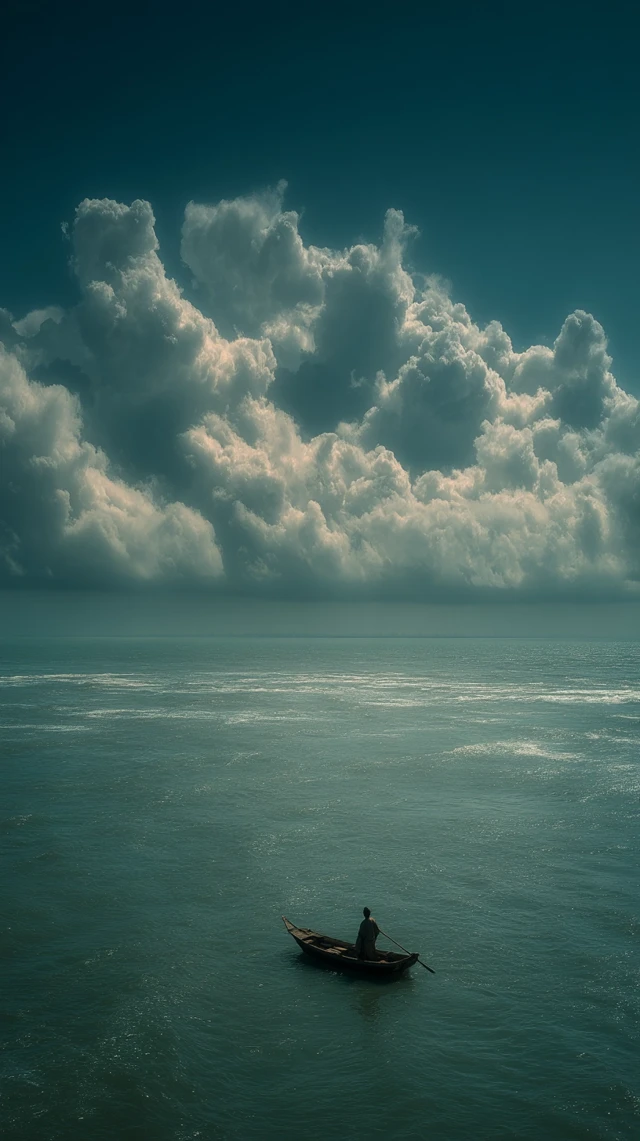 Man on Boat in Vast Ocean Cinematic Loneliness