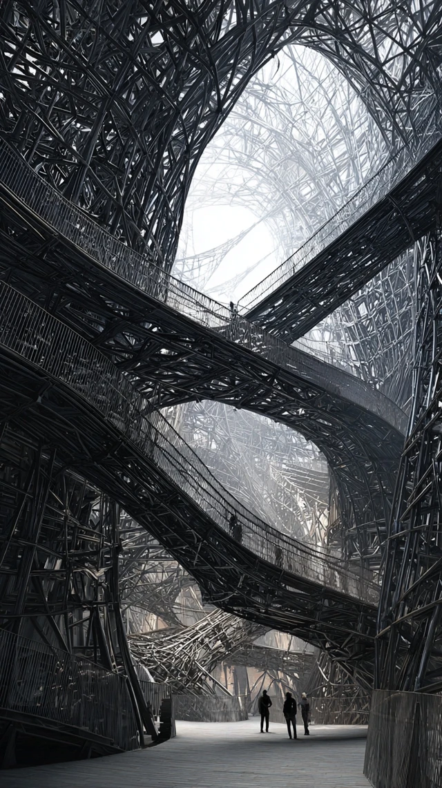 Intricate Steel Structure with People Admiring