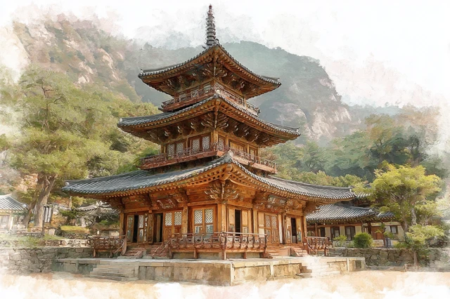 Palsangjeon Pagoda South Korea Watercolor Art