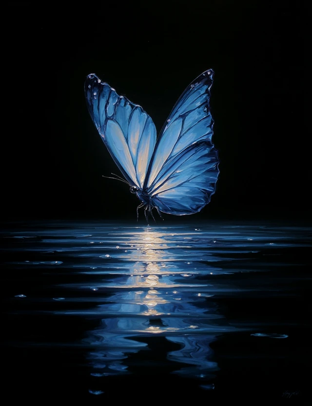 Blue Butterfly Glowing in the Dark Oil Painting
