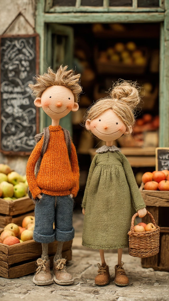 Handcrafted Couple at Village Market Charming Artwork