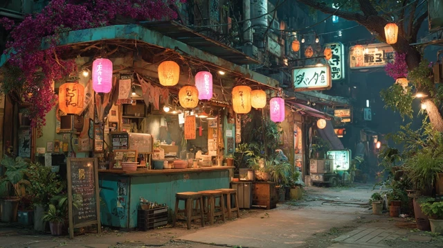 Cyberpunk Osaka Night Market Illustration